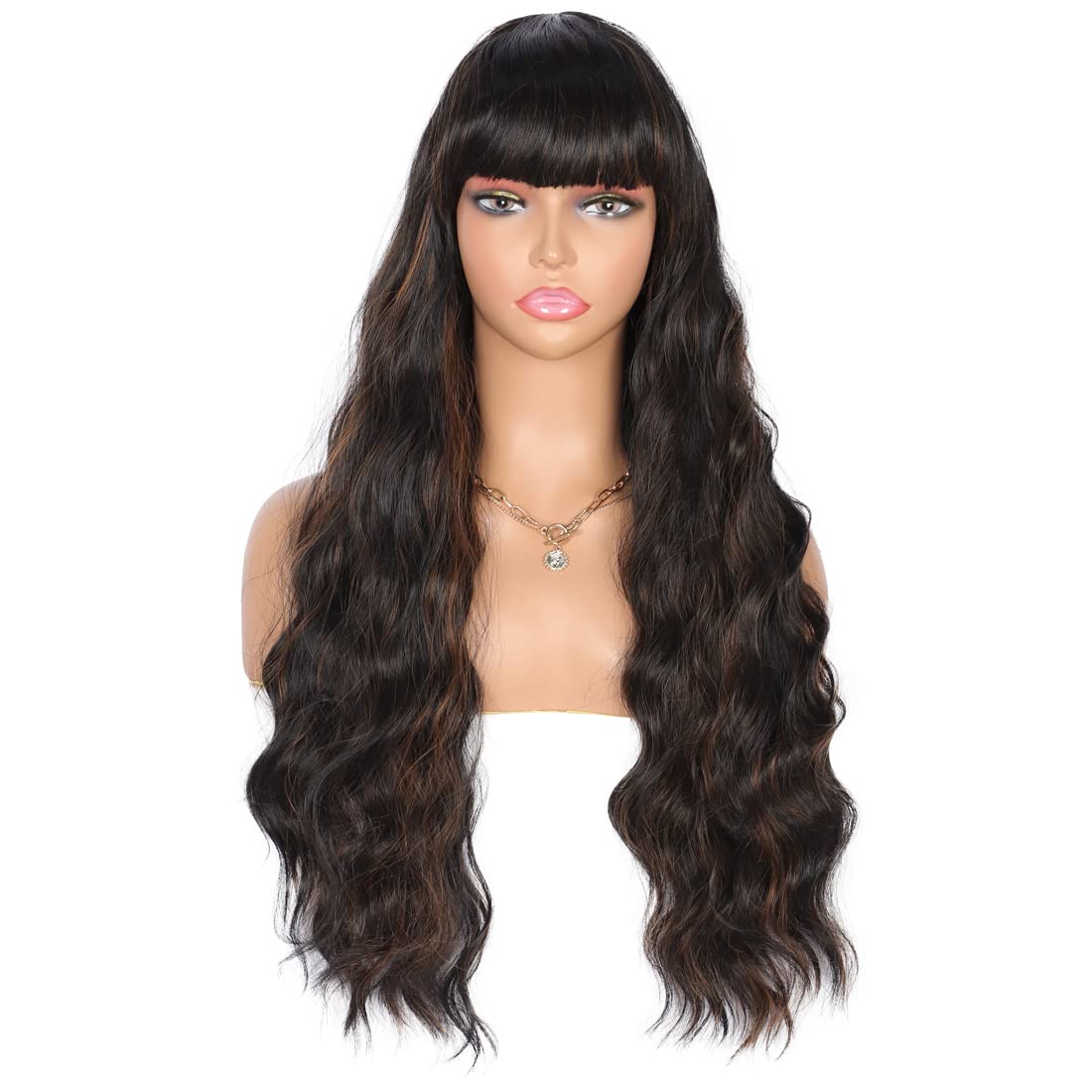 26 Inches Curly Wavy Synthetic Mix Black Brown Wigs with Hair Bangs Heat Resistant Synthetic Wigs for Women Natural Looking Women's Costume Cosplay or Daily Wear Hairpiece