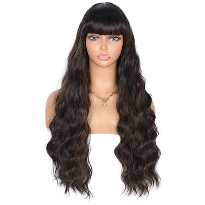 26 Inches Curly Wavy Synthetic Mix Black Brown Wigs with Hair Bangs Heat Resistant Synthetic Wigs for Women Natural Looking Women's Costume Cosplay or Daily Wear Hairpiece