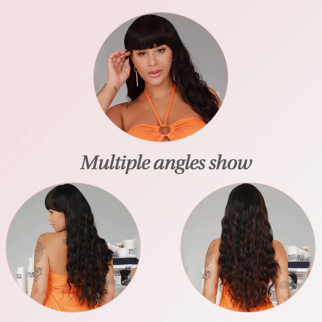 26 Inches Curly Wavy Synthetic Mix Black Brown Wigs with Hair Bangs Heat Resistant Synthetic Wigs for Women Natural Looking Women's Costume Cosplay or Daily Wear Hairpiece