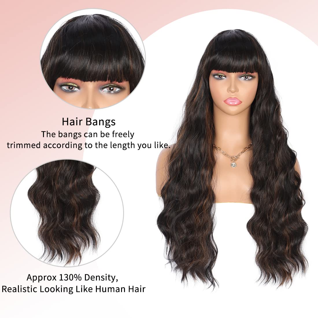 26 Inches Curly Wavy Synthetic Mix Black Brown Wigs with Hair Bangs Heat Resistant Synthetic Wigs for Women Natural Looking Women's Costume Cosplay or Daily Wear Hairpiece
