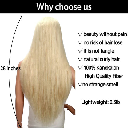 28 inches Blonde Wigs Women's Silky Long Straight Wig Heat Resistant Synthetic Wig With Bangs Hair Wig for Women