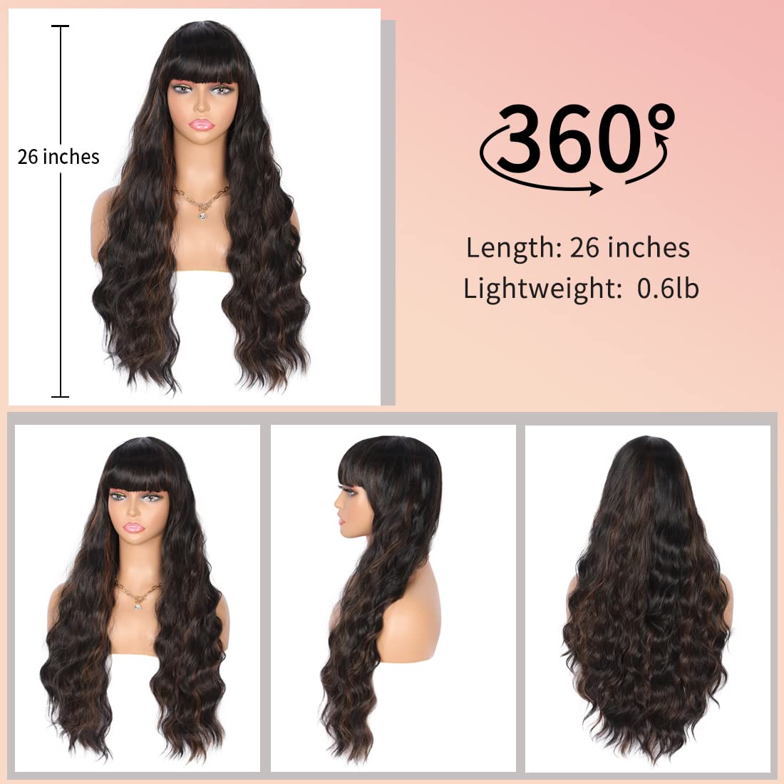 26 Inches Curly Wavy Synthetic Mix Black Brown Wigs with Hair Bangs Heat Resistant Synthetic Wigs for Women Natural Looking Women's Costume Cosplay or Daily Wear Hairpiece