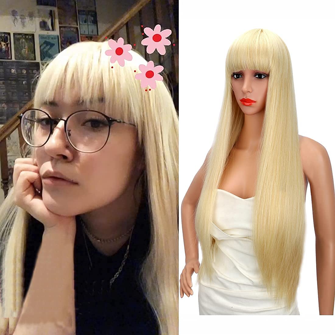 28 inches Blonde Wigs Women's Silky Long Straight Wig Heat Resistant Synthetic Wig With Bangs Hair Wig for Women