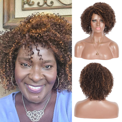 Brown Highlights Short Afro Kinky Curly Wigs for Black Women Premium Synthetic Hair Wigs with Hair Bangs 150% Density Bouncy and Full Natural Looking Hair Wigs