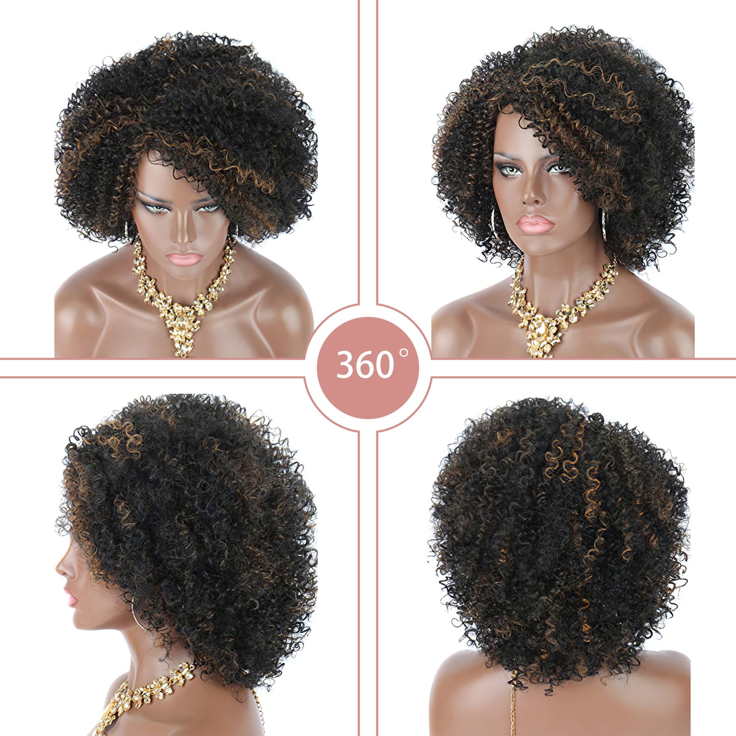 Ombre Mix Brown Highlights Short Afro Kinky Curly Wigs for Black Women Premium Synthetic Hair Wigs with Hair Bangs 150% Density Bouncy and Full Natural Looking Hair Wigs