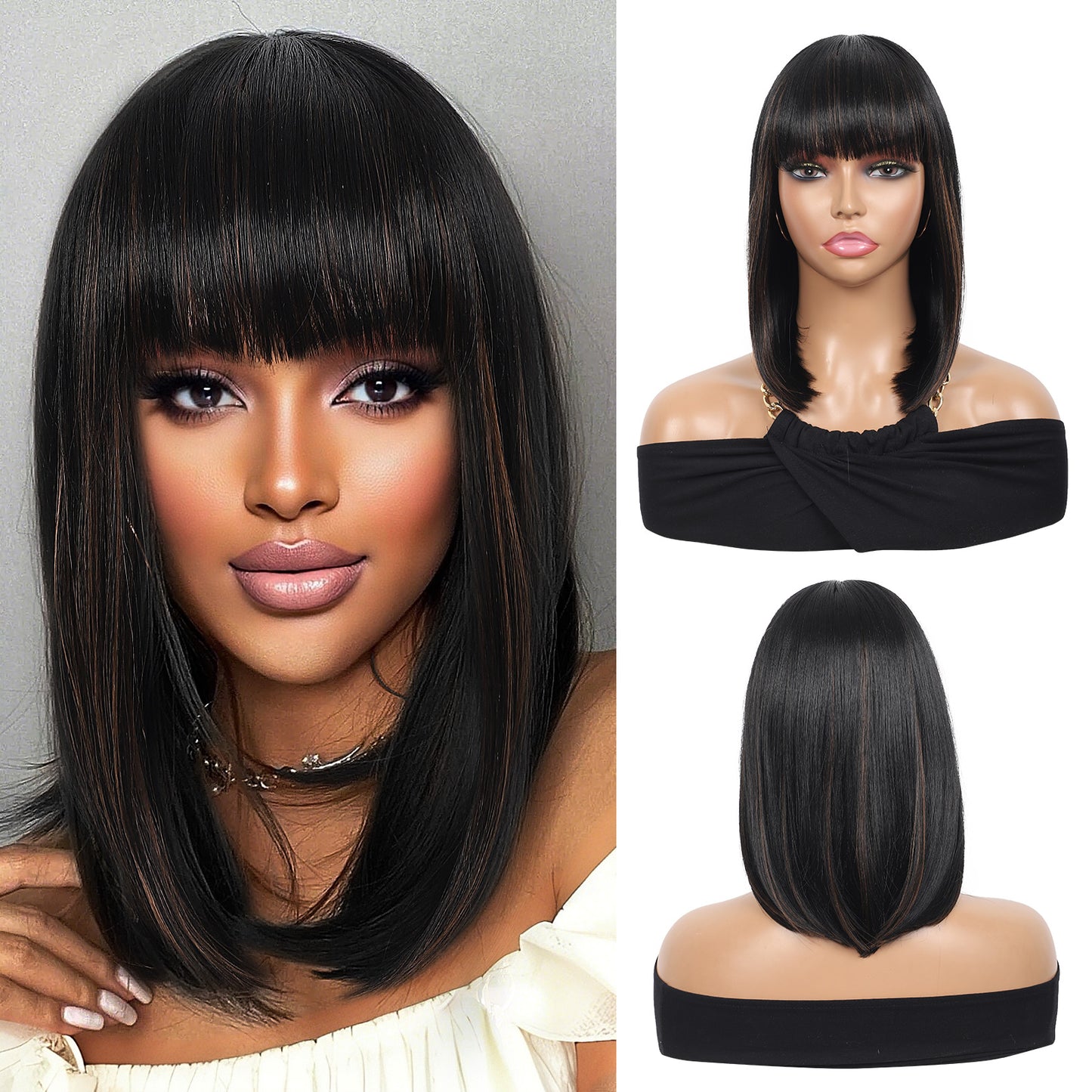 Bob Wigs for Women Short Straight Bob Wig with Hair Bangs Natural Looking Heat Resistant Synthetic Hair Wigs for Women 13 Inches (Mix Black Brown)