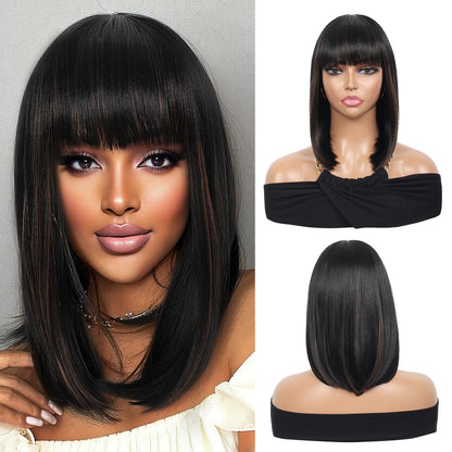 Bob Wigs for Women Short Straight Bob Wig with Hair Bangs Natural Looking Heat Resistant Synthetic Hair Wigs for Women 13 Inches (Mix Black Brown)