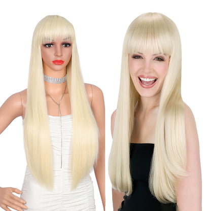 28 inches Light Blonde Wigs Women's Silky Long Straight Wig Heat Resistant Synthetic Wig With Bangs Hair Wig for Women