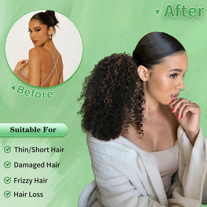 Drawstring Ponytail for Women Deep Curly Ponytail Synthetic Mixed with Human Hair Ponytails Brown Highlights Afro Kinky Curly Pony for Daily wear,17 Inches