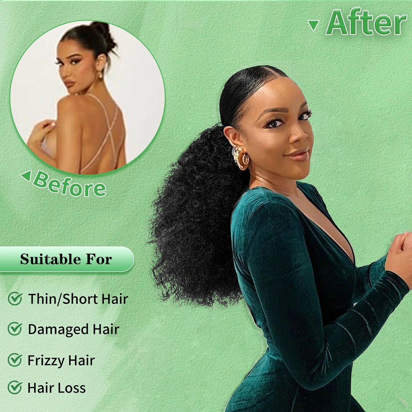 Drawstring Ponytail for Women Deep Curly Ponytail Synthetic Mixed with Human Hair Ponytails Natural Black Afro Kinky Curly Pony for Daily wear,17 Inches