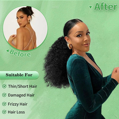 Drawstring Ponytail for Women Deep Curly Ponytail Synthetic Mixed with Human Hair Ponytails Natural Black Afro Kinky Curly Pony for Daily wear,17 Inches