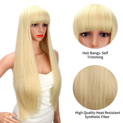 28 inches Blonde Wigs Women's Silky Long Straight Wig Heat Resistant Synthetic Wig With Bangs Hair Wig for Women