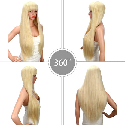 28 inches Blonde Wigs Women's Silky Long Straight Wig Heat Resistant Synthetic Wig With Bangs Hair Wig for Women