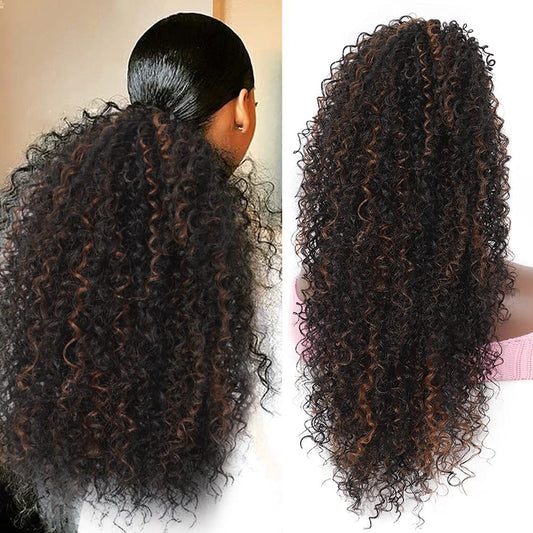 Drawstring Ponytail for Women Deep Curly Ponytail Extension Synthetic Mixed with Human Hair Ponytails Brown Highlights Pony for Daily wear,27 Inches
