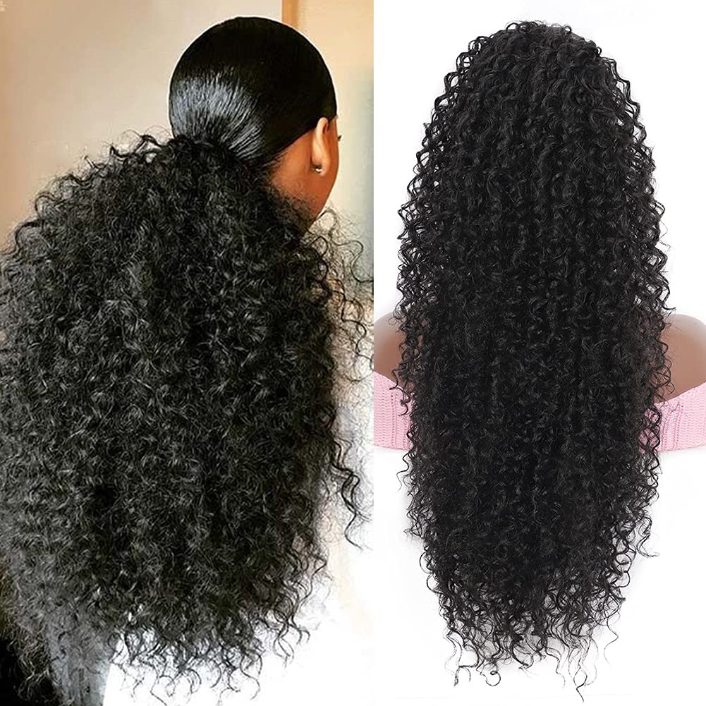 Drawstring Ponytail for Women Deep Curly Ponytail Extension Synthetic Mixed with Human Hair Ponytails Natural Black Afro Kinky Curly Pony for Daily wear,27 Inches