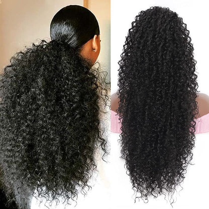 Drawstring Ponytail for Women Deep Curly Ponytail Extension Synthetic Mixed with Human Hair Ponytails Natural Black Afro Kinky Curly Pony for Daily wear,27 Inches