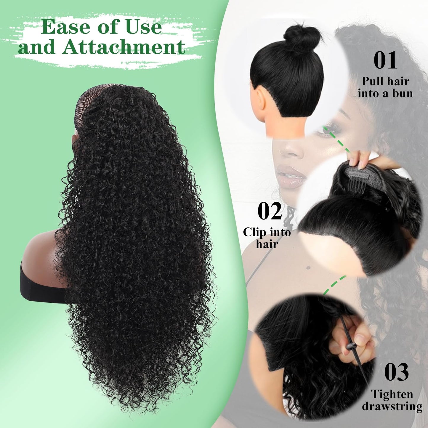 Drawstring Ponytail for Women Deep Curly Ponytail Extension Synthetic Mixed with Human Hair Ponytails Natural Black Afro Kinky Curly Pony for Daily wear,27 Inches