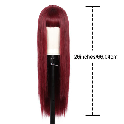 28 inches Burgundy Red Wigs Women's Silky Long Straight Wig Heat Resistant Synthetic Wig With Bangs Hair Wig for Women