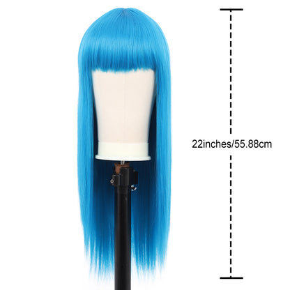 22" Long Straight Silky Smooth Synthetic Hair Wigs with Bangs for Women High Temperature Yaki Texture Full Hair Wigs for Women (Bright Blue)