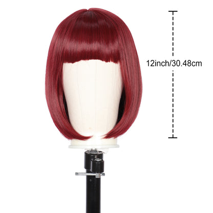 Dark Red Straight Bob Wig with Bangs Yaki Short Wig Glueless Natural Look Easy Wear 12"