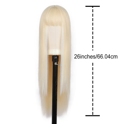 28 inches Platinum Blonde Wigs Women's Silky Long Straight Wig Heat Resistant Synthetic Wig With Bangs Hair Wig for Women