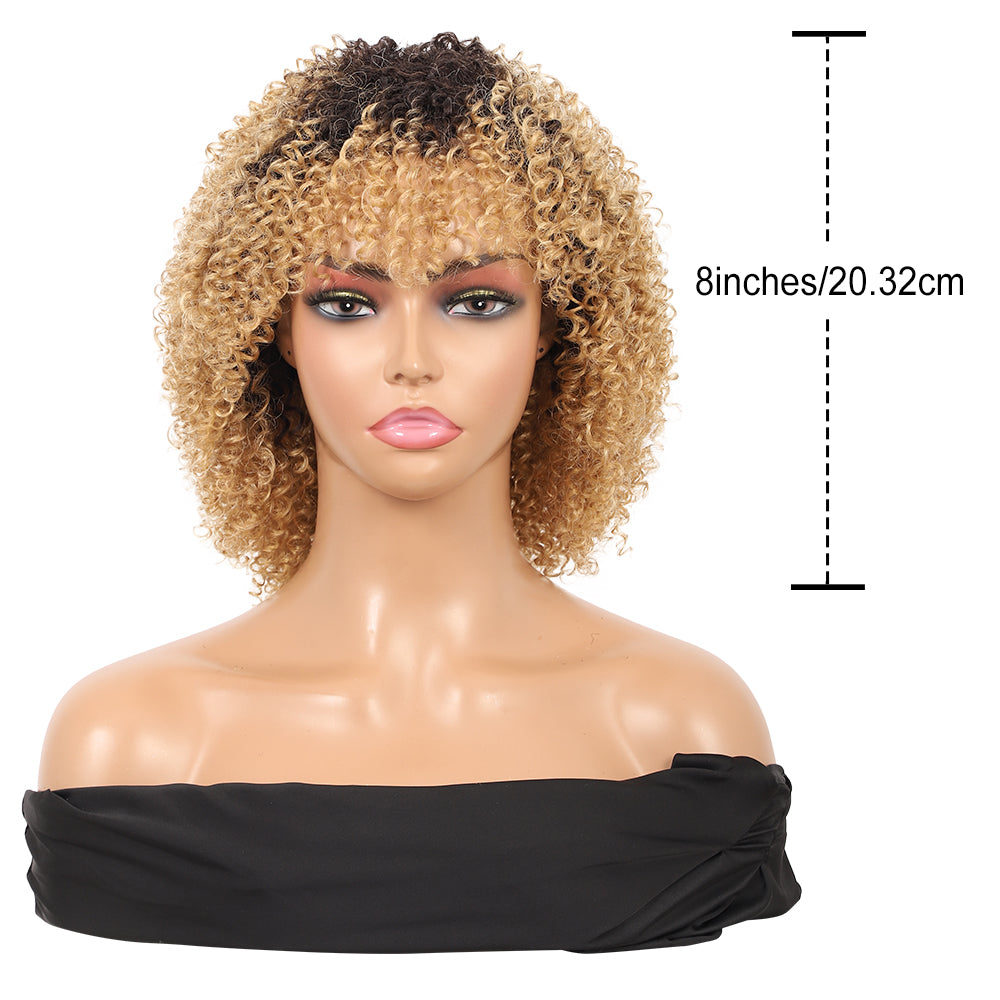 8" Synthetic Short Afro Kinky Curly Wigs for Black Women Realistic Curly Wigs with Hair Bangs Lightweight Soft Bouncy Curls Hair Wigs（Ombre blonde 1）