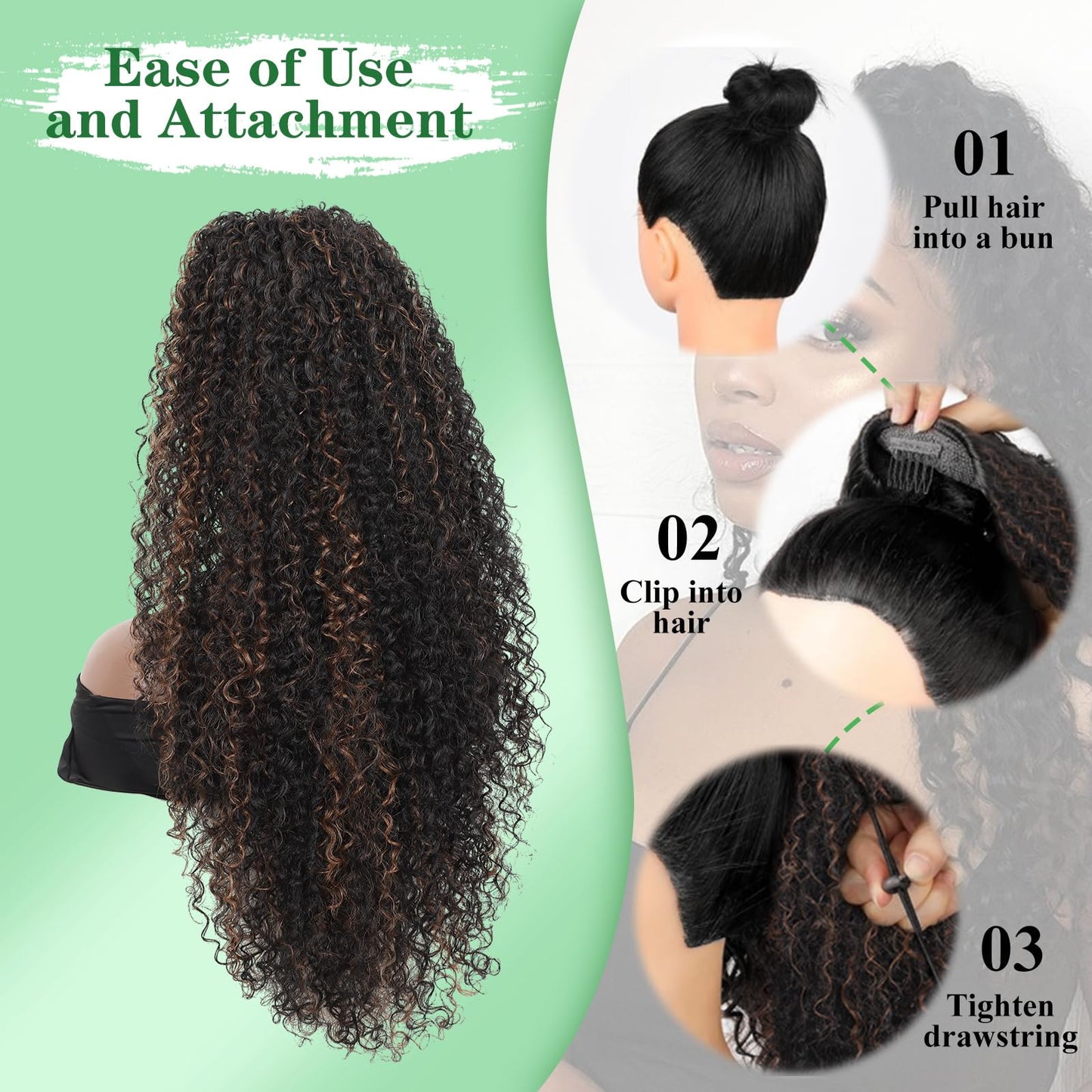 Drawstring Ponytail for Women Deep Curly Ponytail Extension Synthetic Mixed with Human Hair Ponytails Brown Highlights Pony for Daily wear,27 Inches