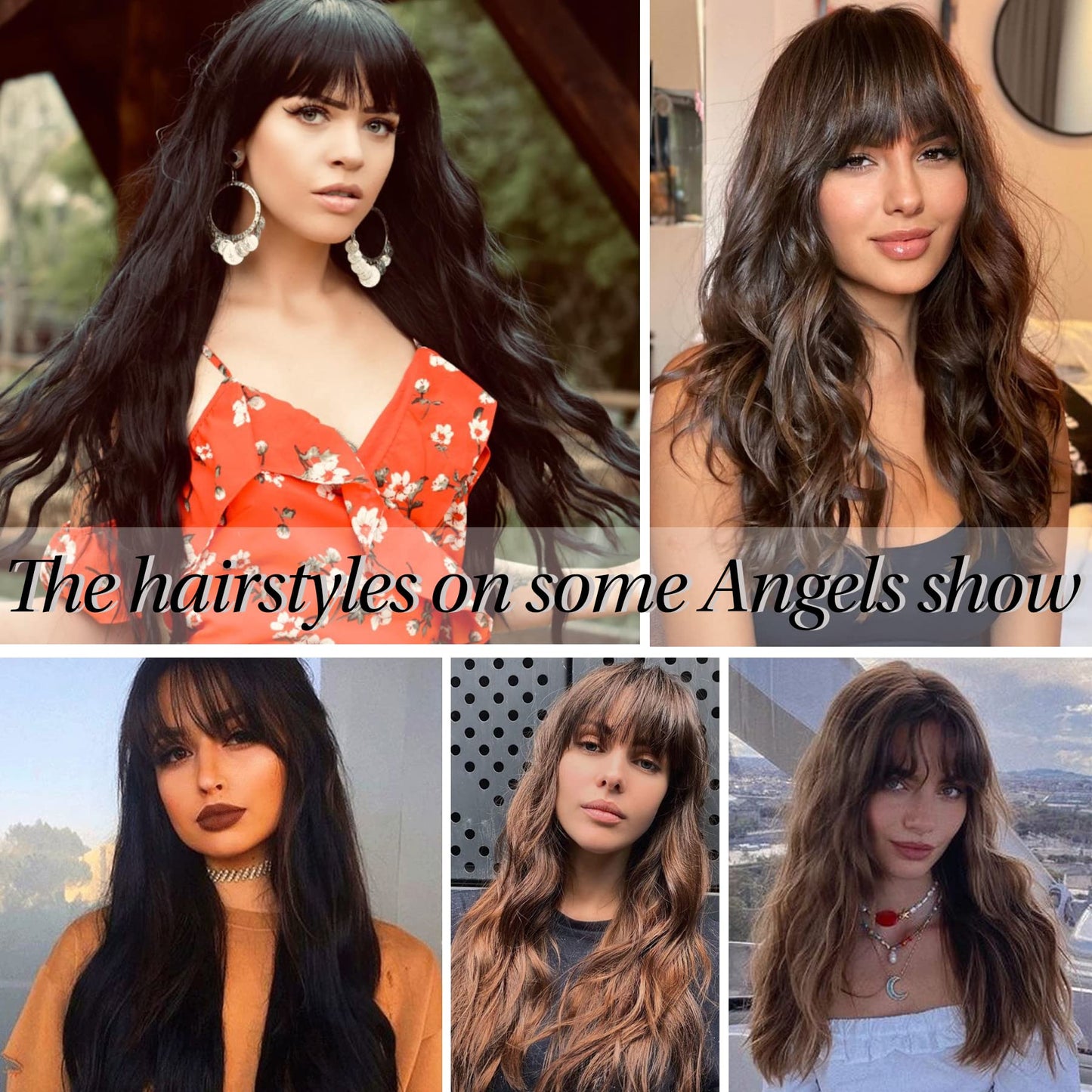 26 Inches Curly Wavy Synthetic black brown highlights Wigs with Hair Bangs Heat Resistant Synthetic Wigs for Women Natural Looking Women's Costume Cosplay or Daily Wear Hairpiece