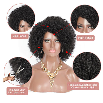 Black Short Afro Kinky Curly Wigs for Black Women Premium Synthetic Hair Wigs with Hair Bangs 150% Density Bouncy and Full Natural Looking Hair Wigs