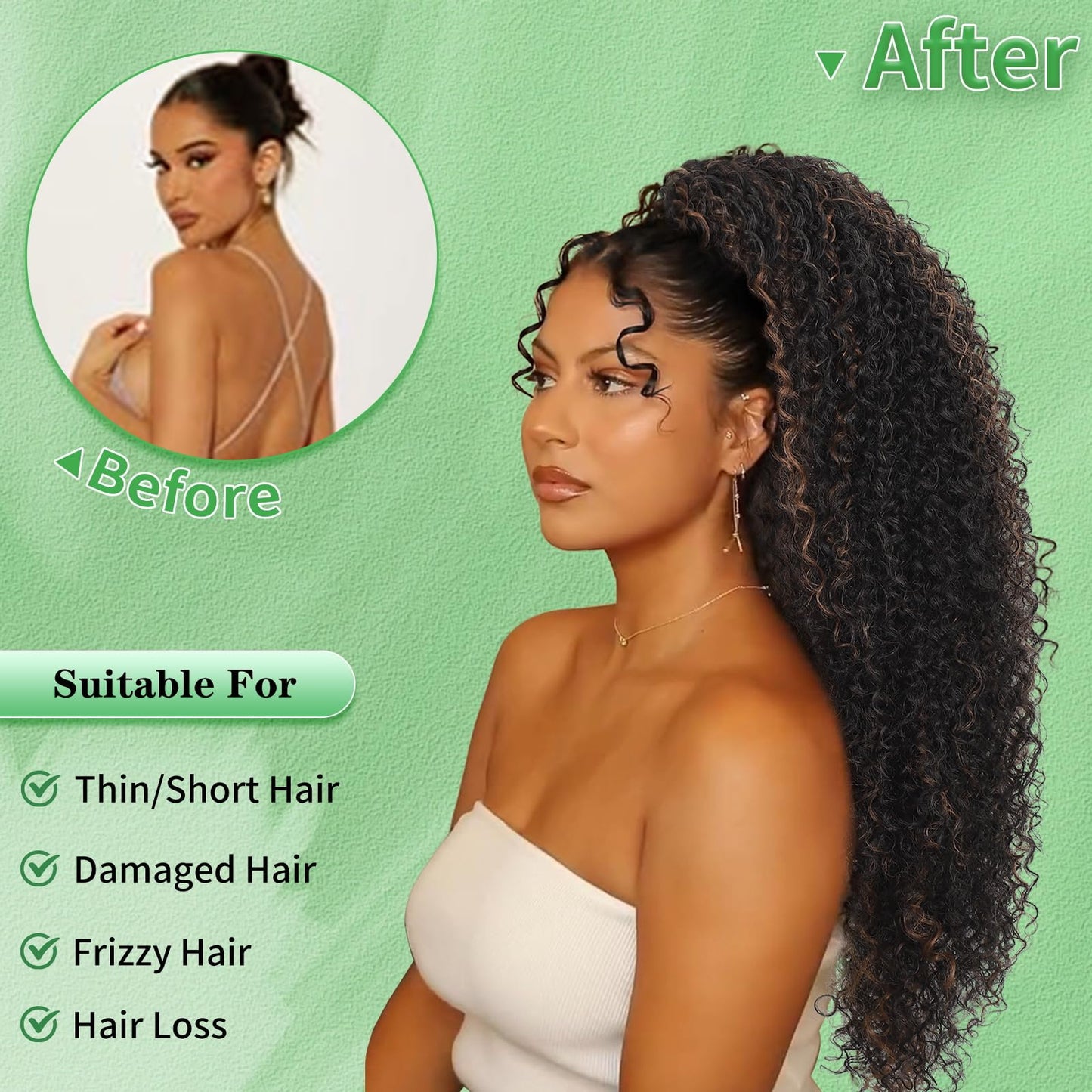 Drawstring Ponytail for Women Deep Curly Ponytail Extension Synthetic Mixed with Human Hair Ponytails Brown Highlights Pony for Daily wear,27 Inches