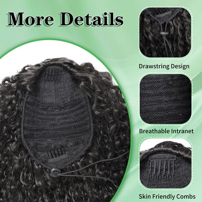 Drawstring Ponytail for Women Deep Curly Ponytail Extension Synthetic Mixed with Human Hair Ponytails Natural Black Afro Kinky Curly Pony for Daily wear,27 Inches