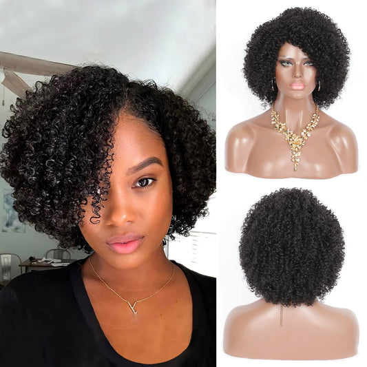 Black Short Afro Kinky Curly Wigs for Black Women Premium Synthetic Hair Wigs with Hair Bangs 150% Density Bouncy and Full Natural Looking Hair Wigs