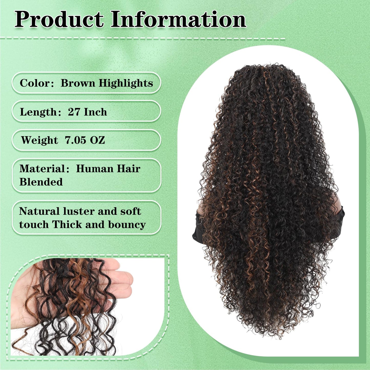 Drawstring Ponytail for Women Deep Curly Ponytail Extension Synthetic Mixed with Human Hair Ponytails Brown Highlights Pony for Daily wear,27 Inches