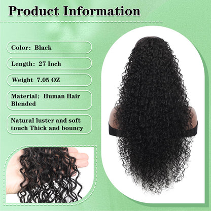 Drawstring Ponytail for Women Deep Curly Ponytail Extension Synthetic Mixed with Human Hair Ponytails Natural Black Afro Kinky Curly Pony for Daily wear,27 Inches