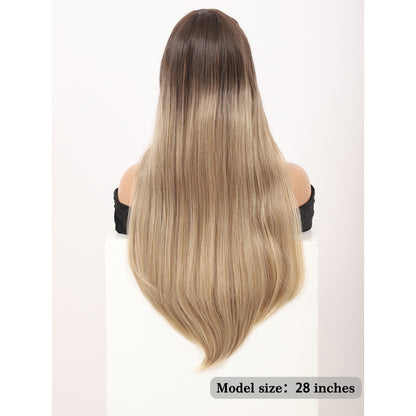 28 inches Ombre Mix blonde Wigs Women's Silky Long Straight Wig Heat Resistant Synthetic Wig With Bangs Hair Wig for Women