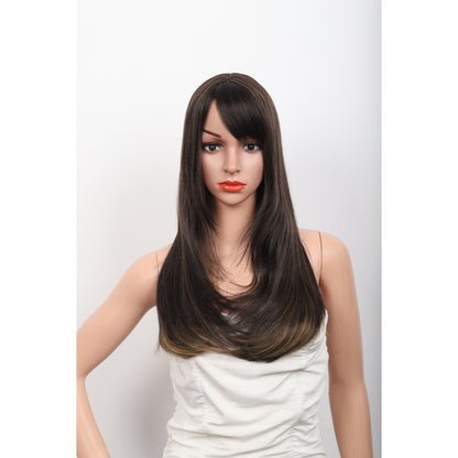 24 Inch Long Straight Synthetic Wig with Bangs Silky Full Hair Wigs for Women,Balayage Dark Brown