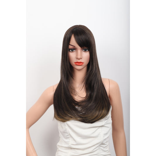 24 Inch Long Straight Synthetic Wig with Bangs Silky Full Hair Wigs for Women,Balayage Dark Brown