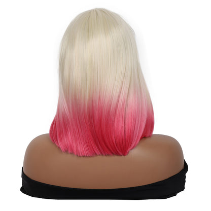 Bob Wigs for Women Short Straight Bob Wig with Hair Bangs Natural Looking Heat Resistant Synthetic Hair Wigs for Women 13 Inches (Blonde to Pink Ombre)