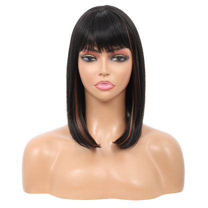 Bob Wigs for Women Short Straight Bob Wig with Hair Bangs Natural Looking Heat Resistant Synthetic Hair Wigs for Women 13 Inches (Mix Black Brown)