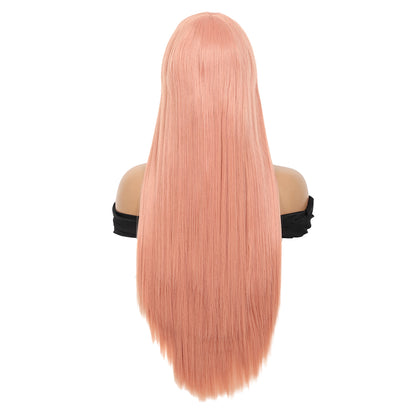 28 inches Pink Wigs Women's Silky Long Straight Wig Heat Resistant Synthetic Wig With Bangs Hair Wig for Women