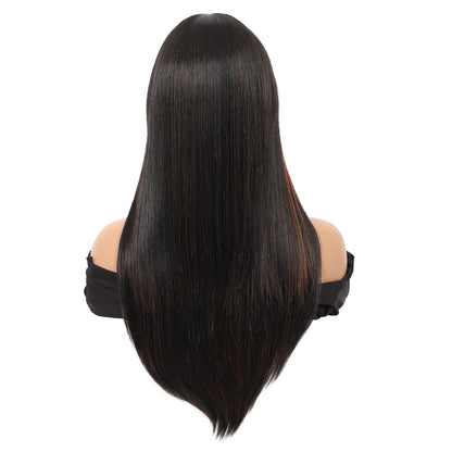 22" Long Straight Silky Smooth Synthetic Hair Wigs with Bangs for Women High Temperature Yaki Texture Full Hair Wigs for Women (Mix Black Brown)