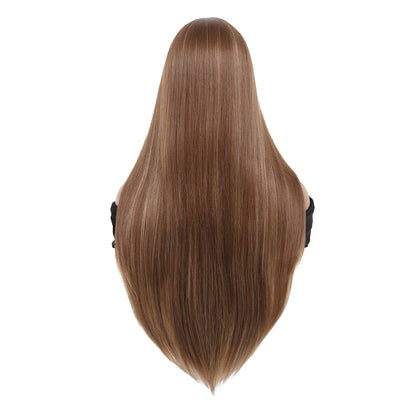 28 inches Champagne Brown Wigs Women's Silky Long Straight Wig Heat Resistant Synthetic Wig With Bangs Hair Wig for Women