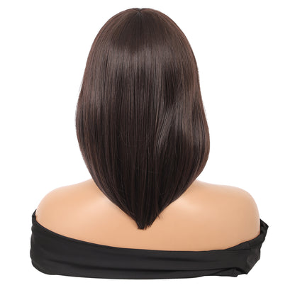 Brown Short Straight Bob Wig with Bangs Yaki Short Wig Glueless Natural Look Easy Wear 12"