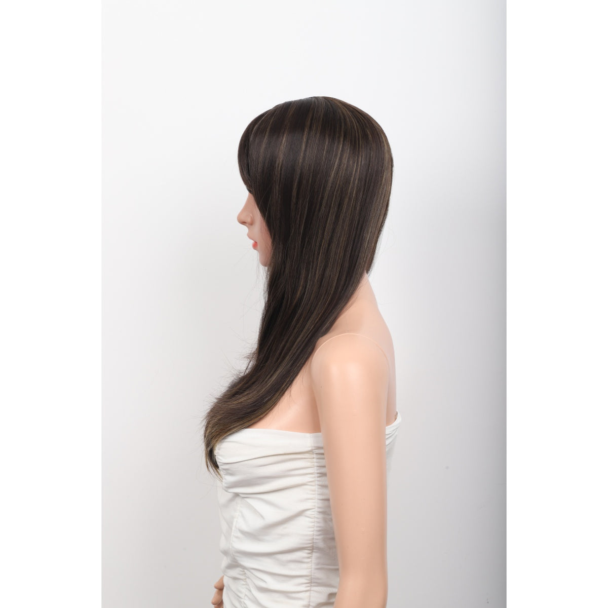 24 Inch Long Straight Synthetic Wig with Bangs Silky Full Hair Wigs for Women,Balayage Dark Brown