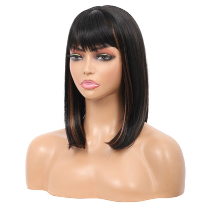 Bob Wigs for Women Short Straight Bob Wig with Hair Bangs Natural Looking Heat Resistant Synthetic Hair Wigs for Women 13 Inches (Mix Black Brown)