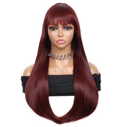 28 inches Burgundy Wigs Women's Silky Long Straight Wig Heat Resistant Synthetic Wig With Bangs Hair Wig for Women