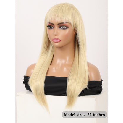 22" Long Straight Silky Smooth Synthetic Hair Wigs with Bangs for Women High Temperature Yaki Texture Full Hair Wigs for Women (Blonde)