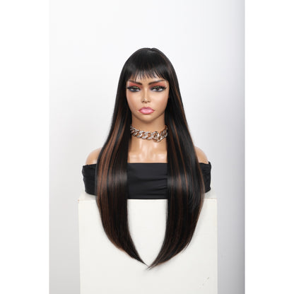28 inches Mix Black Brown Wigs Women's Silky Long Straight Wig Heat Resistant Synthetic Wig With Bangs Hair Wig for Women