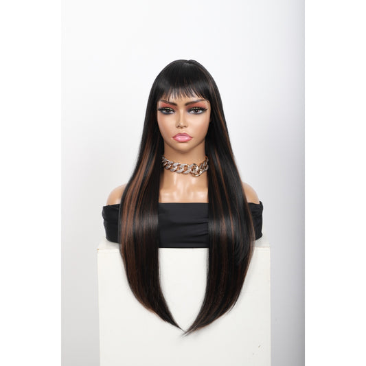 28 inches Mix Black Brown Wigs Women's Silky Long Straight Wig Heat Resistant Synthetic Wig With Bangs Hair Wig for Women