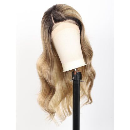 24 Inch Long Curly Wig Side Part  Loose Wave Wig Synthetic Lace Front Wig for Women Ombre Brown Blonde
